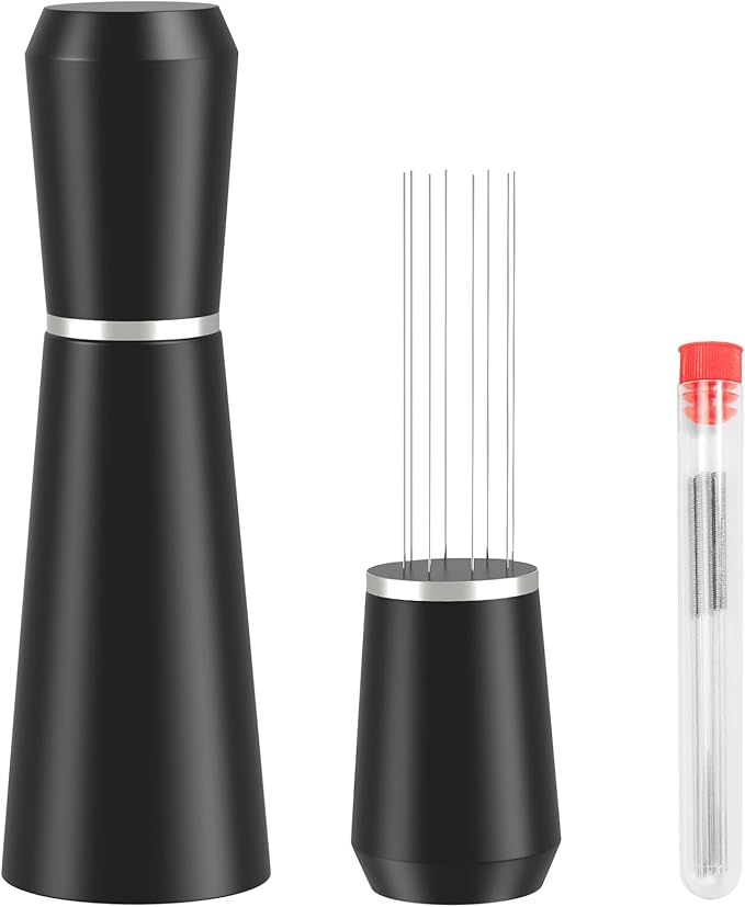 WDT Espresso Distribution Tool, 0.35mm 8 Needle Coffee Stirrer with 8 Extra Needles, 304 Stainless Steel, Aluminum Alloy Handle with Stand, Barista Espresso Whisk Tool (Metal Black)