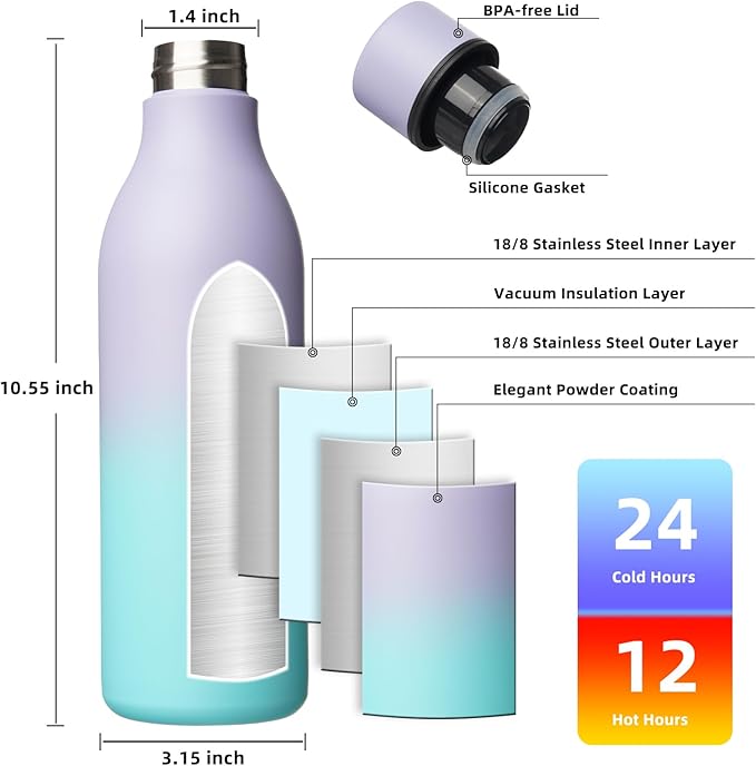 BJPKPK Insulated Water Bottles, 25 oz Stainless Steel Metal Water Bottle with Strap, BPA Free Leak Proof Jugs, Mugs, Flasks, Reusable Thermal Flasks for Sports & Travel, Lavender Mint