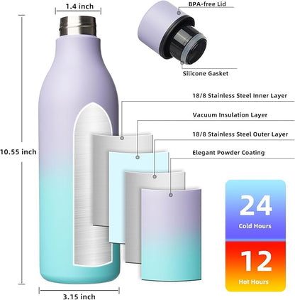 BJPKPK Insulated Water Bottles, 25 oz Stainless Steel Metal Water Bottle with Strap, BPA Free Leak Proof Jugs, Mugs, Flasks, Reusable Thermal Flasks for Sports & Travel, Lavender Mint