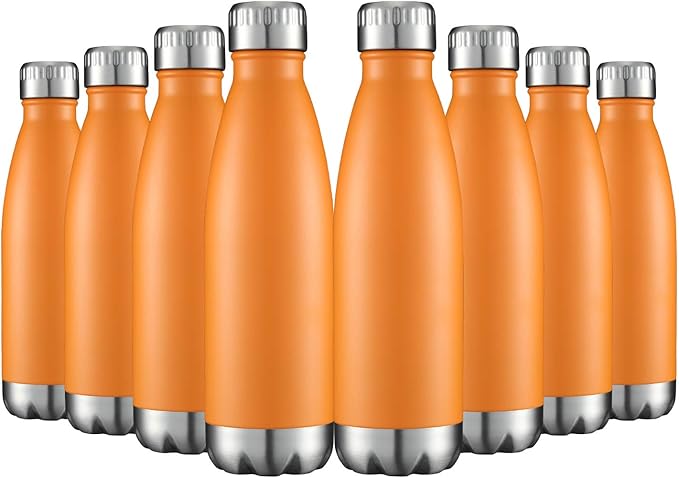 HASLE OUTFITTERS 17oz Stainless Steel Water Bottles Bulk, Vacuum Insulated Water Bottles Double Walled Powder Coated Reusable Metal Sports Water Bottles Keep Drinks Hot and Cold, Orange, 8Packs