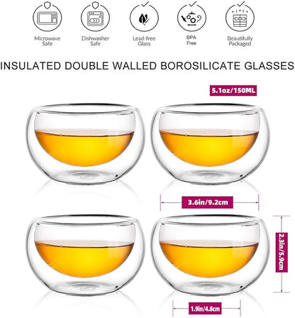 CNGLASS Tea Cups Set of 4 Double Wall Glass Tea Cup, 5.1oz Asian Insulated Clear Teacups 150ML,Small Espresso Cup for Coffee