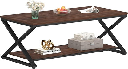 HSH Walnut Coffee Table for Living Room, Rustic Metal Wood Coffee Table with Storage Shelf, Modern Minimalist Rectangle Center Table, 2 Tier Simple Cocktail Tea Table in Home Office Bedroom, 47 Inch