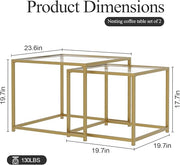 Glass Coffee Table Gold,Nesting Tables Set of 2, Minimalist Coffee Side End Tables for Small Spaces, Sofa Side Tea Coffee Table with Metal Frame for Home, Office, Space-Saving