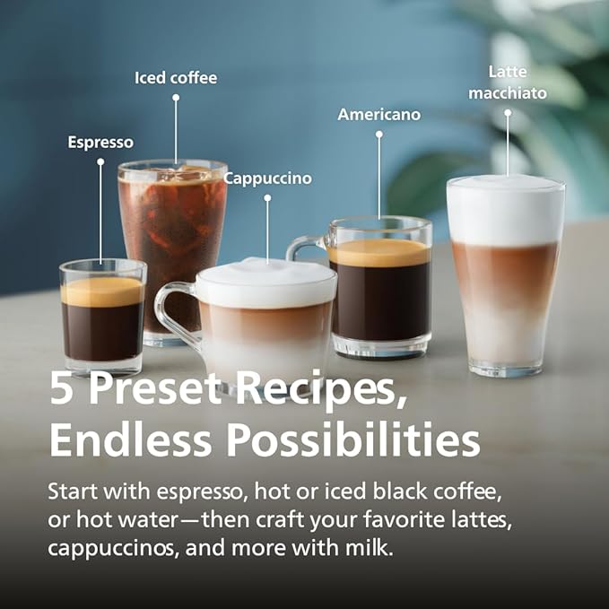 Philips 3300 Series Fully Automatic Espresso Machine with integrated milk frother and grinder, 5 Hot & Iced Coffee Pre-Sets, 40% Quieter SilentBrew, 15-Bar Pressure, Glossy Black (EP3326/90)