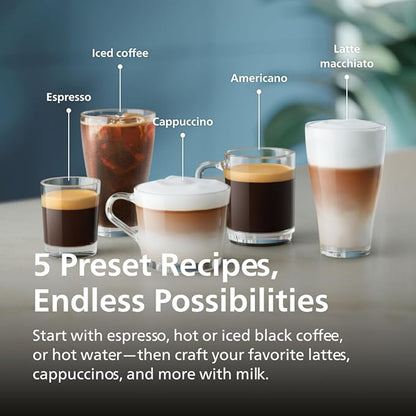 Philips 3300 Series Fully Automatic Espresso Machine with integrated milk frother and grinder, 5 Hot & Iced Coffee Pre-Sets, 40% Quieter SilentBrew, 15-Bar Pressure, Glossy Black (EP3326/90)