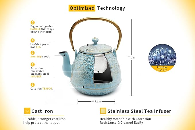 TOPTIER Japanese Cast Iron Tea Kettle with Stainless Steel Infuser, Cast Iron Teapot Stovetop Safe, Leaf Design Teapot Coated with Enameled Interior, 32 Ounce (950 ml), Turquoise Blue