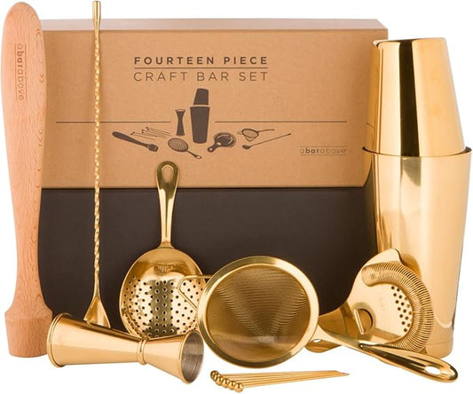A Bar Above 14-Piece Gold Bartender Kit, Premium Gold-Plated Stainless Steel Barware Gift Set for Home and Professional Use, Includes Cocktail Shaker, Jigger, Strainers, Muddler, Picks, Spoon