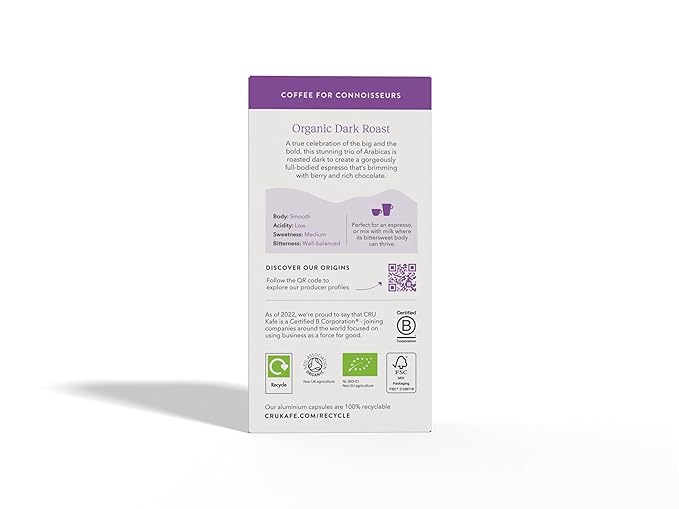 Cru Kafe Dark Roast USDA Organic Espresso Coffee Capsules (50 Pods) Fairtrade Coffee Pods Compatible with Nespresso Original Line and Pixie Machines