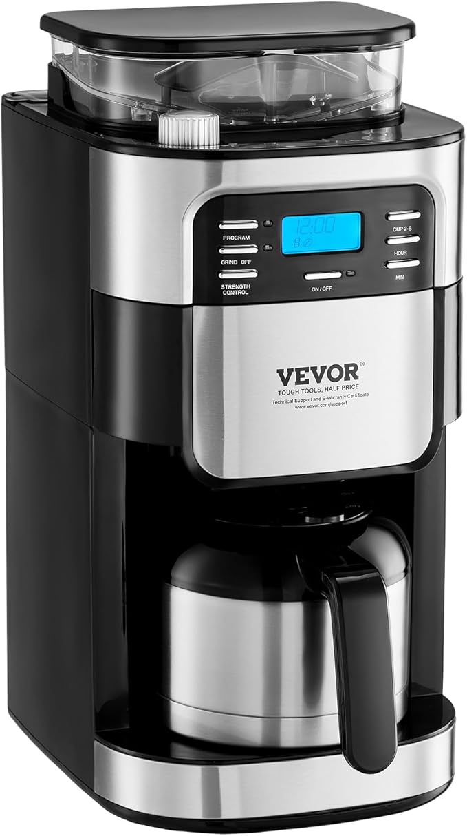 VEVOR Coffee Maker with Grinder, 8 Cup Coffee Machine, Grind and Brew Coffee Maker with 3 Brew Strength Control, 24-Hour Timer for Auto Brew, for Home Office Restaurant