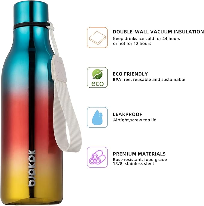 BJPKPK Insulated Water Bottles, 18 oz Stainless Steel Metal Water Bottle with Strap, BPA Free Leak Proof Jugs,Mugs,Flasks, Reusable Thermal Flasks for Sports & Travel, Caribbean Sunrise