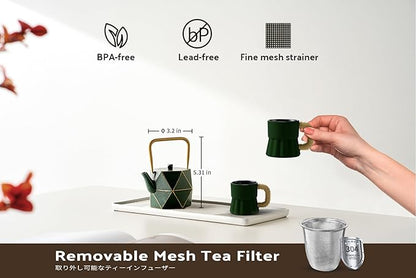 Toptier Mini Tea Kettle, Super Small Palm-sized Teapot, Stovetop Safe Japanese Cast Iron Tea Kettle, Diamond Design Tea Pot with Removable Infuser for Loose Tea, 11 Ounce (325 ml), Dark Green