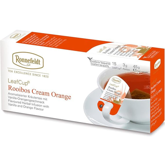Ronnefeldt LeafCup Rooibos Cream Orange Chai – Naturally Caffeine-Free Red Herbal Tea with Sweet Orange Peel & Vanilla – 15 Individually Wrapped Loose Leaf Tea Bags – Packed in Germany