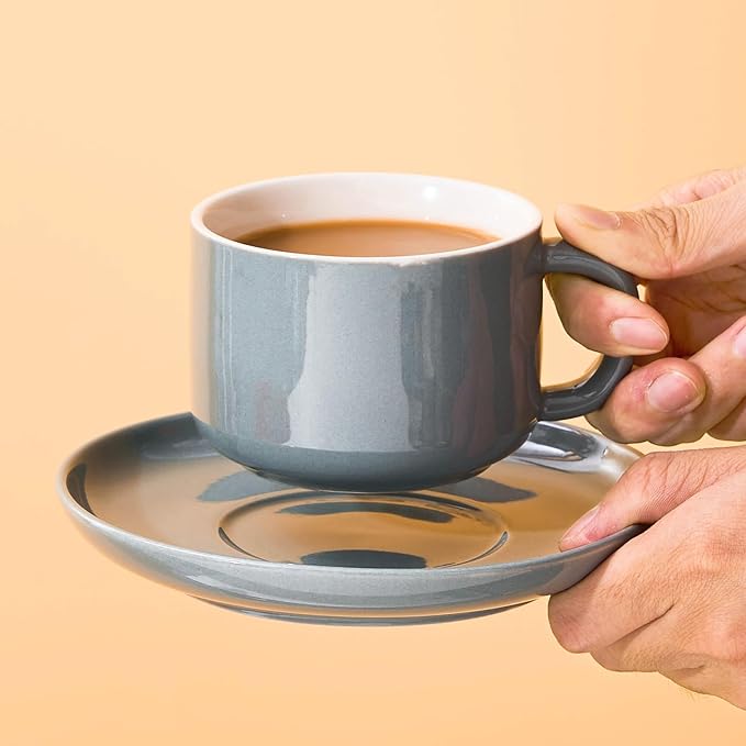 7 oz Coffee Cups with Saucers Spoons - Set of 6 Cappuccino Cups, Grey Porcelain Cups Serving for Tea Espresso Latte Mocha