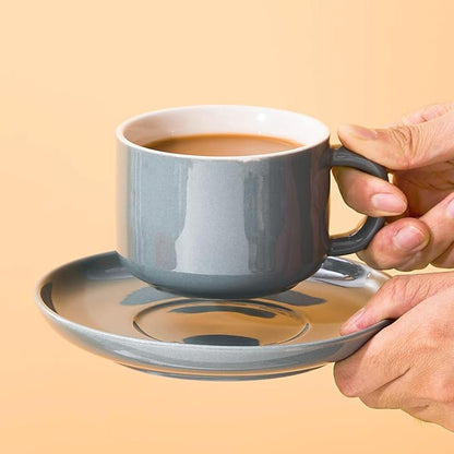 7 oz Coffee Cups with Saucers Spoons - Set of 6 Cappuccino Cups, Grey Porcelain Cups Serving for Tea Espresso Latte Mocha