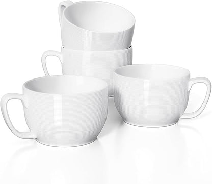 Teocera Soup Mugs with Handles, White Coffee Mugs Set of 4, Large Soup Cups - Striped Design - 24 Ounce Porcelain Jumbo Mugs Bowls for Coffee, Oatmeal, Hot Cocoa, Cereal