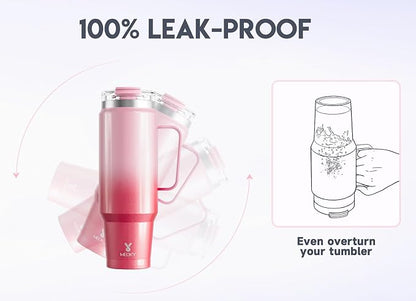 Meoky 40oz Tumbler with Handle, Stainless Steel Travel Mug with 2-in-1 Straw and Sip Lid, Vacuum Insulated Coffee Mug, 100% Leak Proof, Keeps Cold for 34 Hours or Hot for 10 Hours (Flamingo)