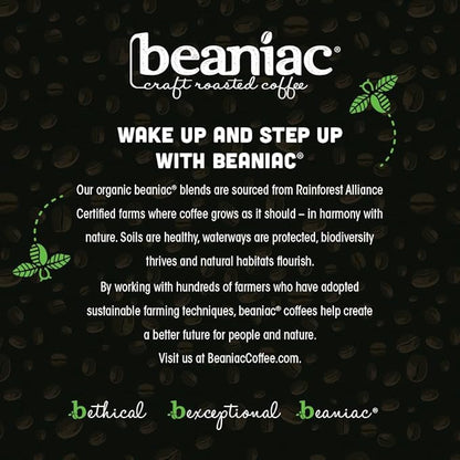 beaniac Organic Downtime Decaf Swiss Water Decaffeinated, Medium Roast, Single Serve Compostable K Cup Coffee Pods, Organic Arabica Coffee, Keurig Brewer Compatible, 30 Count