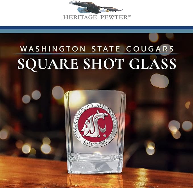 Heritage Pewter Washington State Square Shot Glass | Hand-Sculpted 1.5 Ounce Shot Glass | Intricately Crafted Metal Pewter Alma Mater Inlay
