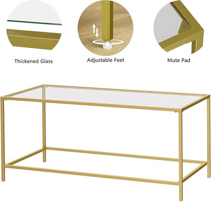 Glass Coffee Table, Modern Rectangular Coffee Table for Living Room, Minimalist Center Tea Table with Sturdy Metal Frame for Apartment, Office, Easy Assembly, 39.4 x 19.7 x 17.7 Inches, Golden