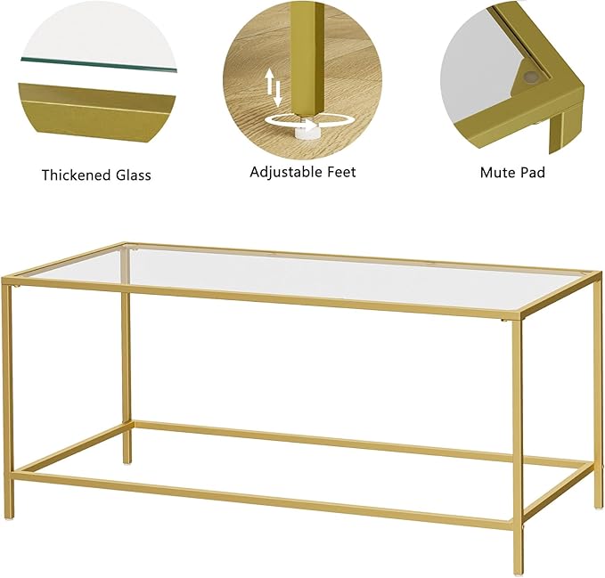 Glass Coffee Table, Modern Rectangular Coffee Table for Living Room, Minimalist Center Tea Table with Sturdy Metal Frame for Apartment, Office, Easy Assembly, 39.4 x 19.7 x 17.7 Inches, Golden
