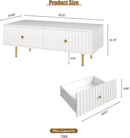 Modern Coffee Table with Storage with 2 Big Drawers, White Rectangle Coffee Table for Living Room, Wooden Fluted Table Accent Tea Table for Living Room Apartment Small Space