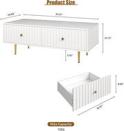 Modern Coffee Table with Storage with 2 Big Drawers, White Rectangle Coffee Table for Living Room, Wooden Fluted Table Accent Tea Table for Living Room Apartment Small Space
