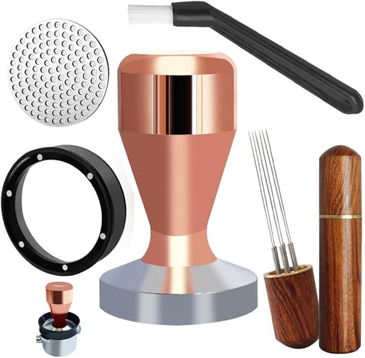 51mm Espresso Tamper Set, 5PCS Coffee Tamper Kit with WDT Tool, Coffee Stirrer, Dosing Funnel, Puck Screen 51mm Espresso Accessories Tampers Kit (Rose Gold)