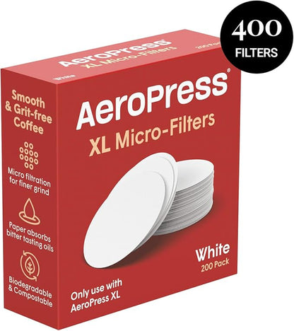 AeroPress XL Coffee Maker White Paper Micro-Filters, Compostable Coffee Filters Made From White, Chlorine-Free Paper, Fits XL Size AeroPress Manual Coffee Makers, 2 Pack (400 Count)