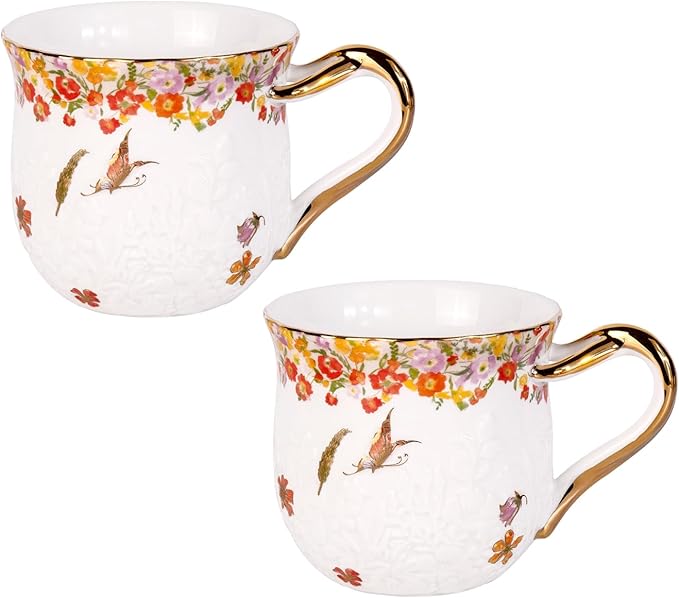 KAMMAK Coffee Mugs Ceramic Espresso Cups 16oz Porcelain Tea Cups Set of 2 Large Cappuccino Mugs with Handle Demitasse Mug for Hot Cocoa, Latte, Breakfast Cereal, Americano (Flower)