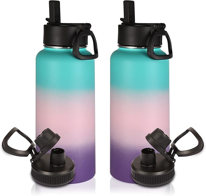 Volhoply 32oz Insulated Water Bottles Bulk 2 Pack with Straw Lid &Spout Lid,Stainless Steel Sports Water Bottle,Double Wall Vacuum Cups,Leakproof Wide Mouth Metal Flask for Travel(Gradient Color,2)