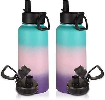 Volhoply 32oz Insulated Water Bottles Bulk 2 Pack with Straw Lid &Spout Lid,Stainless Steel Sports Water Bottle,Double Wall Vacuum Cups,Leakproof Wide Mouth Metal Flask for Travel(Gradient Color,2)