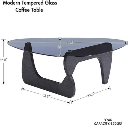 Modern Noguchi Coffee Table, Triangle Coffee Table with Tempered Glass Modern Vintage Glass Tea Table Wood Glass Accent Center Table for Living Room, 44.5”x32”x16.5”, Black Grey