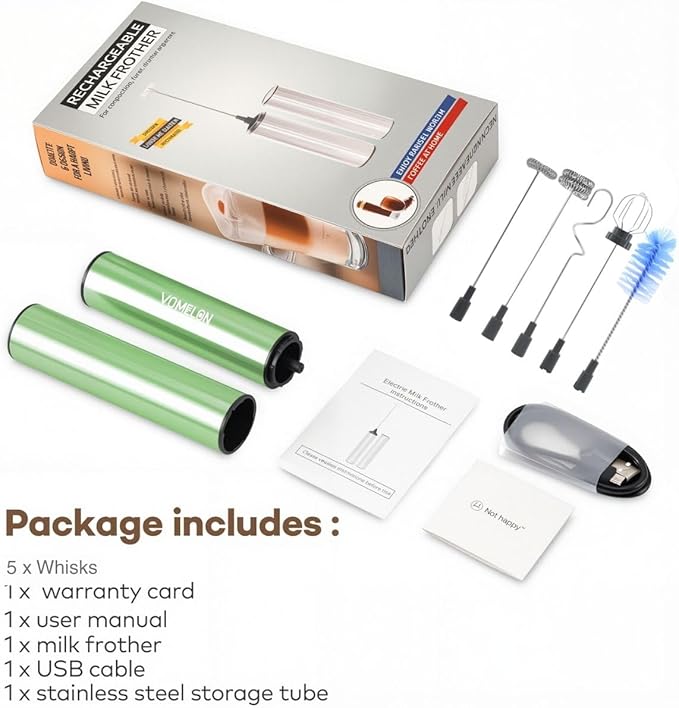 Rechargeable Milk Frother Handheld Electric Frother Wand Milk Foamer Drink Mixer for Coffee, Lattes, Cappuccino, and Egg, Stainless Steel for Travel-Green