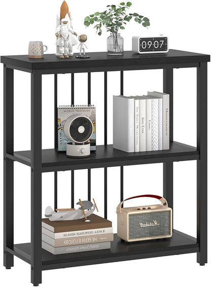 FOLUBAN Bookshelf, Modern 3 Tier Bookcase, Wood and Metal Book Shelves for Living Room Office Bedroom, Rustic Black Oak