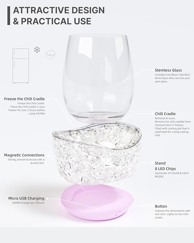 Wine Chiller for Glass Stemless Wine Glass Chiller Keeps Your Glasses of Vino Cold 10 Color Light Modes Separable Wine Essentials Accessories (Pink)