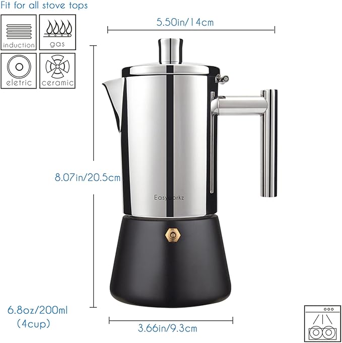 Easyworkz Diego Stovetop Espresso Maker Stainless Steel Italian Coffee Machine Maker 4Cup 6.8 oz Induction Moka Pot