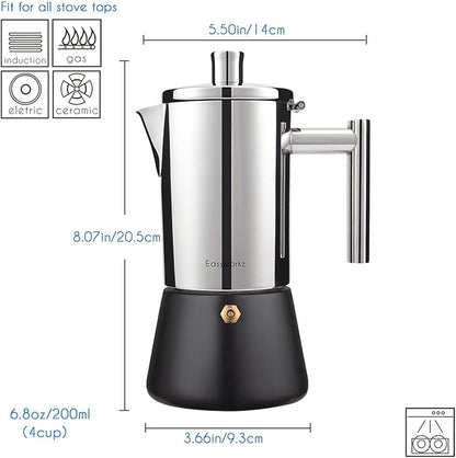 Easyworkz Diego Stovetop Espresso Maker Stainless Steel Italian Coffee Machine Maker 4Cup 6.8 oz Induction Moka Pot