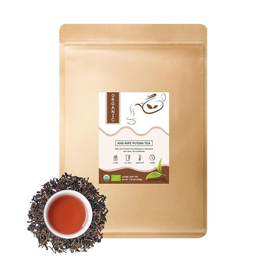 Organic Pu Erh Tea, 7.06 Oz USDA Certified Aged Fermented Organic Ripe Puerh Tea Loose Leaf Black Tea, No Dust Production Workshop, Chinese Yunnan Ancient Tree Puer Tea Perfect for Hot Brew