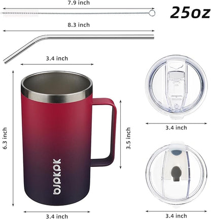 BJPKPK Insulated Coffee Mug with 2 Lids, 25oz Stainless Steel Insulated Tumbler with Handle, Double Wall Vacuum Coffee Cups, BPA Free Travel Mug for Coffee, Tea and Drinks, Charming Red & Blue