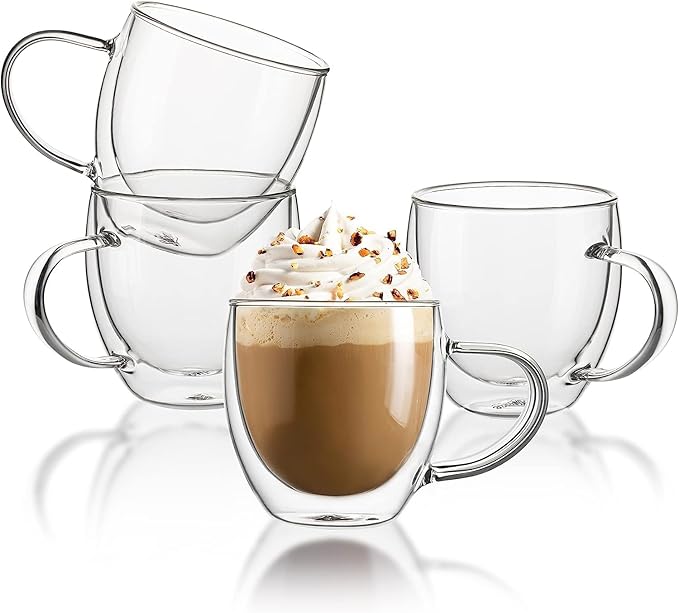 Sweese Clear Coffee Mugs - 8 oz Double Wall Glass Coffee Mugs Set of 4, Perfect for Espresso, Latte, Cappuccino