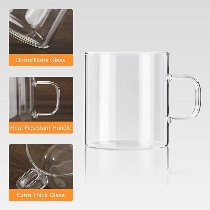 Glass Coffee Mugs Set of 4, 10 oz/300ml Large Coffee Mug, Wide Mouth Mugs with Clear Handle, Mocha Hot Beverage, Glass Cup Set for Hot or Cold