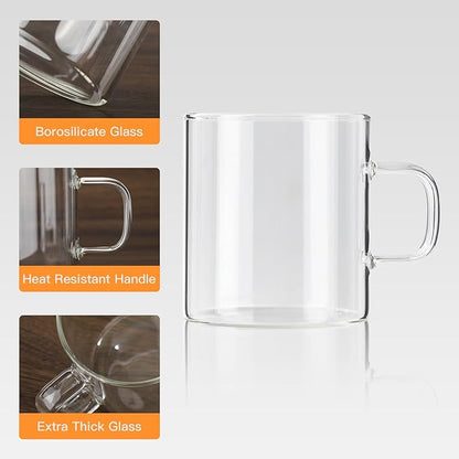 Glass Coffee Mugs Set of 4, 10 oz/300ml Large Coffee Mug, Wide Mouth Mugs with Clear Handle, Mocha Hot Beverage, Glass Cup Set for Hot or Cold