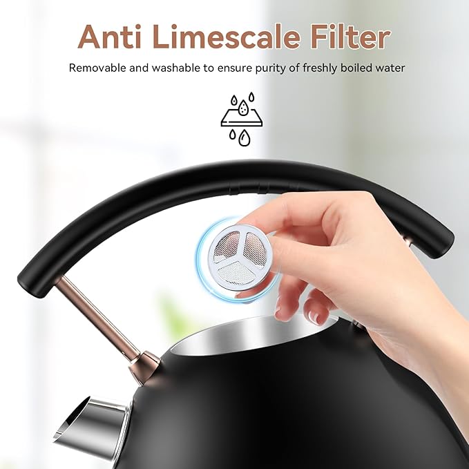 Rasonic Classic Retro Electric Kettle, 1.8L Stainless Steel, 1500W Fast Quiet Boiling, Temperature Gauge, LED Light, Auto Shut-Off, Home & Office Use - Matt Finish Black and Rose Gold