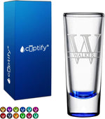 Load image into Gallery viewer, Personalized Shot Glass Blue Bottom Custom 2 oz Cordial Shot Glasses Split Script Initial and Name for Gifts, Weddings, Birthdays, Party, Event, Decorations