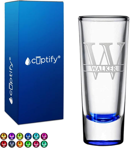 Personalized Shot Glass Blue Bottom Custom 2 oz Cordial Shot Glasses Split Script Initial and Name for Gifts, Weddings, Birthdays, Party, Event, Decorations