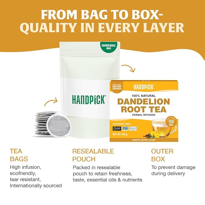 HANDPICK - Dandelion Root Tea bags, 100 Teabags - Natural Dandelion Herbal Tea for Liver & Kidney Health - Non-GMO - Caffeine-free - Support Digestion & Boost Immune System