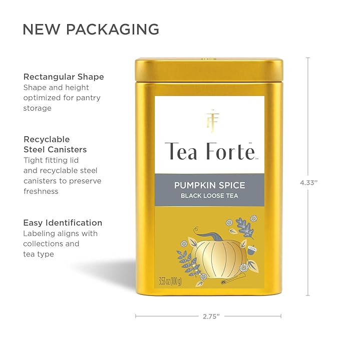 Tea Forte Pumpkin Spice Premium Loose Leaf Caffeinated Black Tea Blend Canister, Makes 35-50 Cups