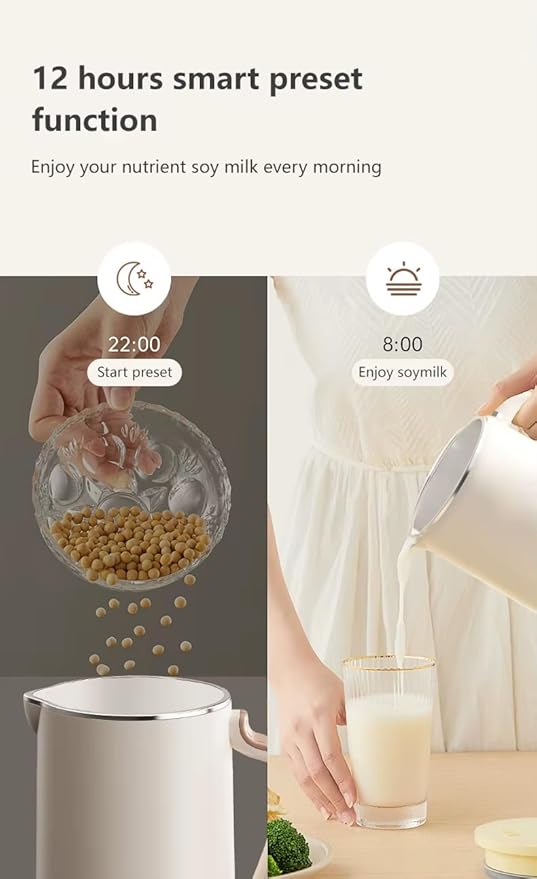 8-in-1 Nut Milk Maker, 40.5oz (1200ml) Capacity, Homemade Almond, Oat, Coconut, Soy, Plant-Based Milks, Automatic Blender with Delay Start, Keep Warm, Self-Cleaning, Boil Water Functions- White