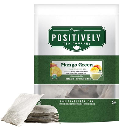 Organic Positively Tea Company, Mango Green Tea Bags, 100 Count, Eco-Friendly Tea Bags, Non-GMO