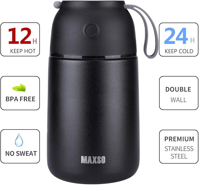 MAXSO 2 Pack Soup Thermo for Hot & Cold Food for Kids Adults, Vacuum Insulated Food Jar Thermal Lunch Containers, Travel Food Flask with Spoon (24 oz,17 oz) (Black)